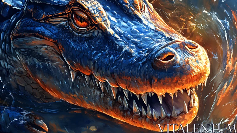 Close-up digital rendering of a blue and orange crocodile head.