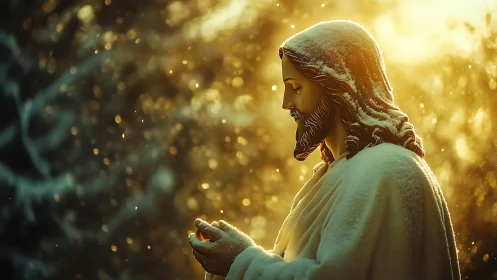 Snow-dusted Christ statue glows in backlit golden winter haze