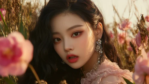 Softly glowing portrait in a dreamy flower field at sunset.