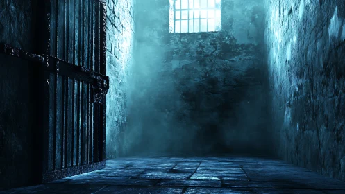 Dim stone prison corridor with open metal cell door.