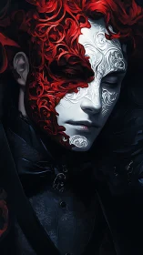 Dual-toned ornamental mask on pale, closed-eye portrait.