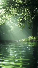 Photorealistic forest pond under raking sunlit canopy composition.