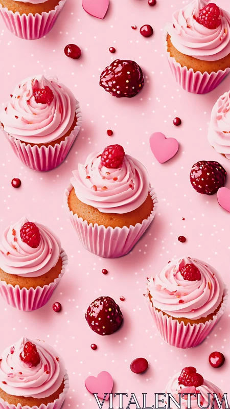 Pink Frosted Cupcakes with Raspberries and Chocolate Truffles. Styled Food Photography.