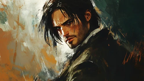 Brooding wanderer wrapped in stormy painterly shadows.