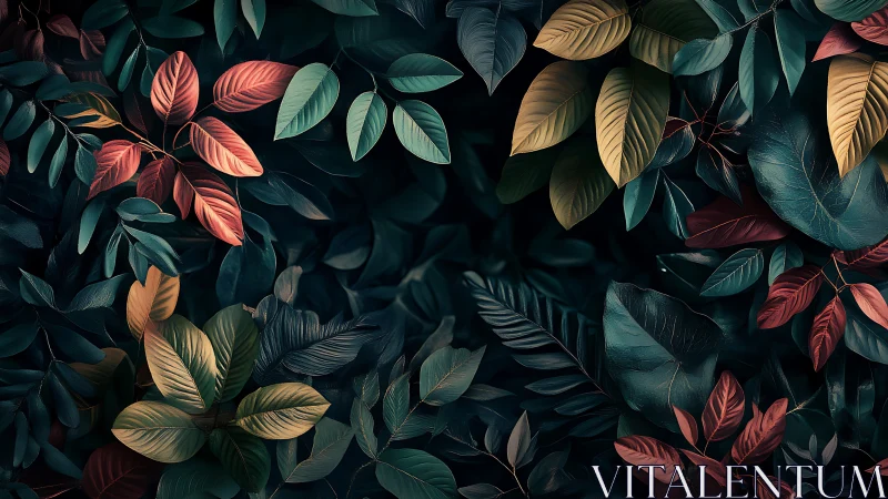 Midnight foliage carnival with copper, teal, and ember leaves.