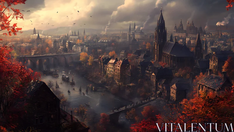 Autumn river cityscape with neo gothic cathedral and stone bridge