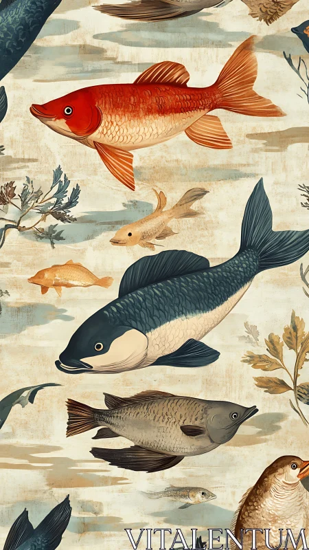 Crimson koi leads a painted river parade of curious fish