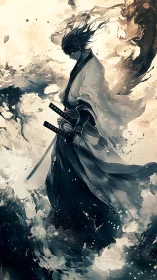Stormforged samurai emerging through swirling ink clouds.