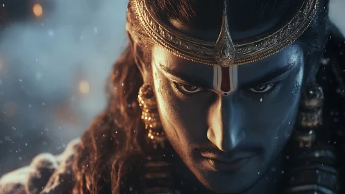 Warrior gaze beneath jeweled crown in swirling twilight.