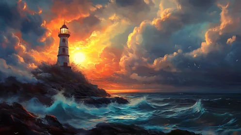 Coastal lighthouse with turbulent sea at vivid sunset.