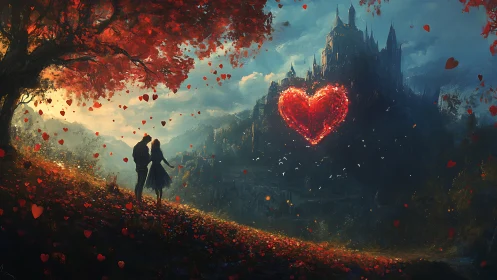 Couple Standing on Hillside Overlooking Dark Castle with Glowing Heart