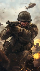 Soldier aiming rifle amid battlefield explosions and smoke.