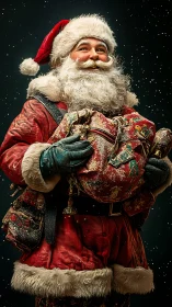 Santa Claus holds gift sack against dark snowy backdrop