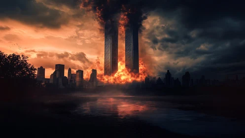 Twin skyscrapers engulfed in urban fire at dusk skyline.