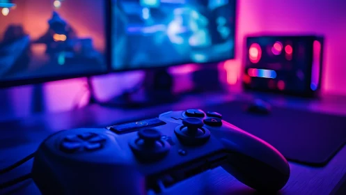 Cozy neon gaming setup with controller ready for adventure.