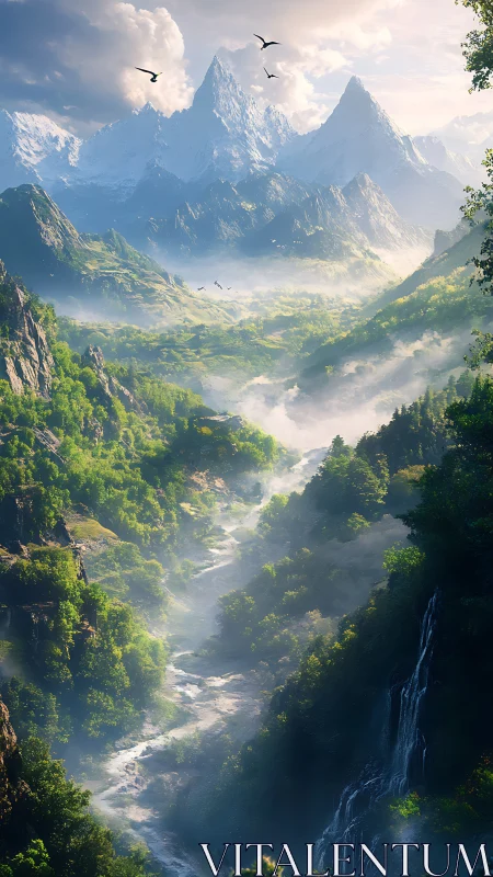 Sunlit alpine valley with misted river and distant peaks.