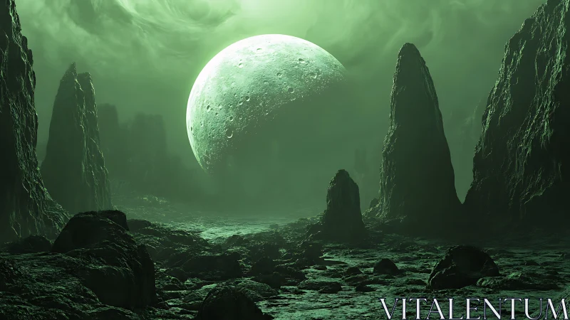 Emerald alien landscape under looming cratered moon.
