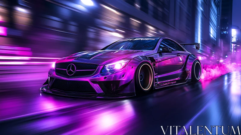 Neon street racer slicing through vivid midnight city glow.