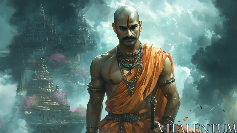 Warrior monk in orange robes before misty temple city.