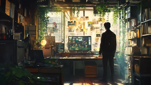 Solitary analyst studies urban data wall in lush studio.