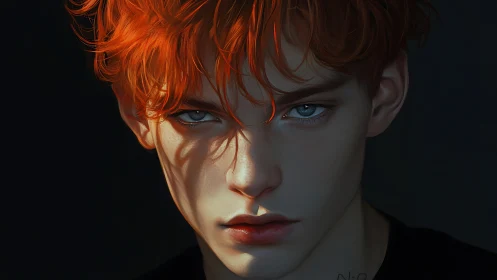 Digital portrait shows red-haired subject under directional light