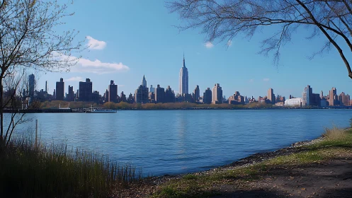 Midday Manhattan skyline viewed across tranquil riverfront.