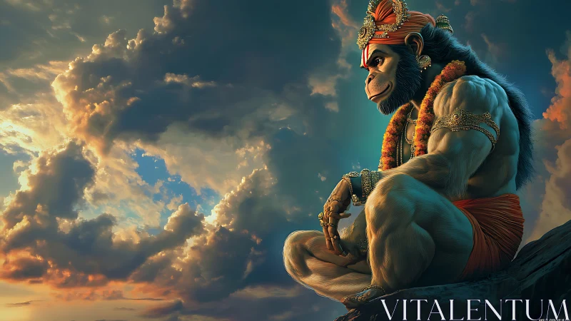 Divine monkey warrior gazes over dramatic sunset clouds.
