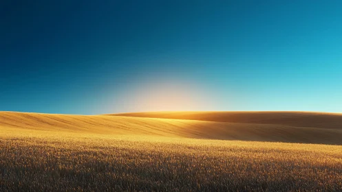 Sunrise light across golden wheat fields and clear sky.