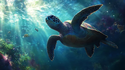 Gentle sea turtle glides peacefully through glowing blue waters