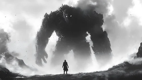 Stormy horizon reveals lone hero facing colossal titan