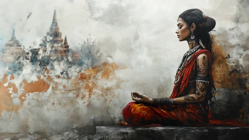 Meditative woman in red sari before ethereal templescape.