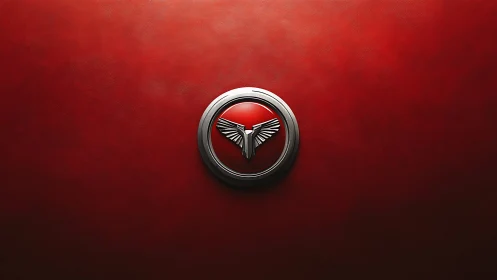Metallic winged emblem centered on deep red field.
