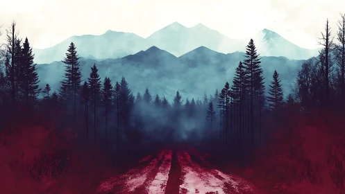 Mountain Landscape with Red Field and Dark Forest.