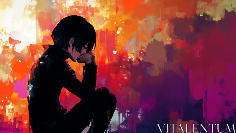 Silhouetted thinker drifts through wildfire colors of memory