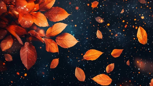 Glowing autumn leaves drifting gently through starlit night.
