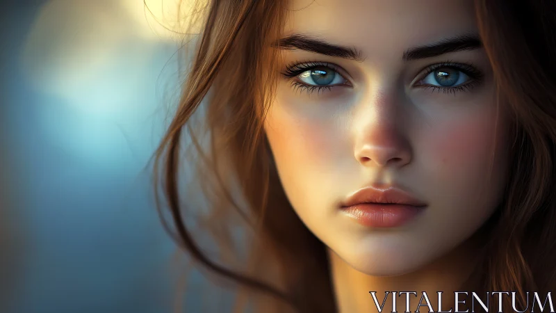 Portrait of a blue-eyed woman in warm sunset tones.