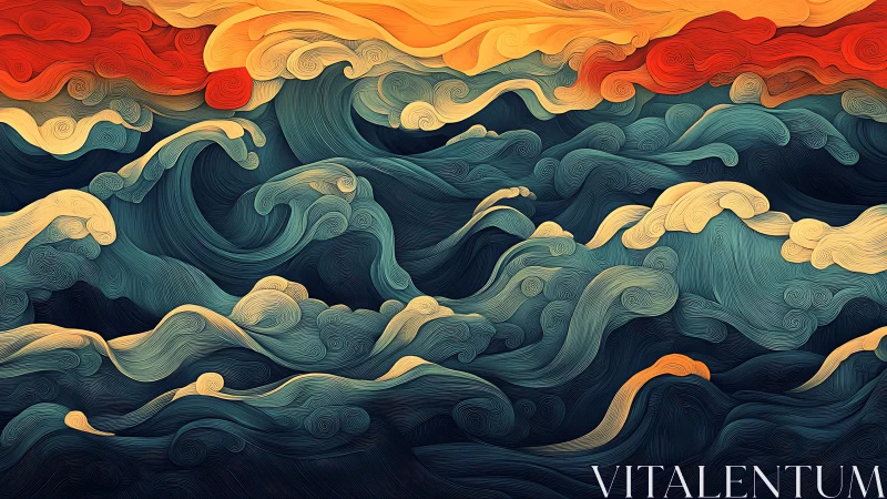 Sunlit swirls over midnight waves in a dreamy seascape.