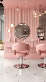 Modern pink hair salon interior with minimalist styling stations.