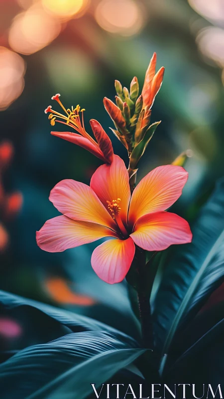 Vibrant Hibiscus Bloom Against Blurred Foliage.