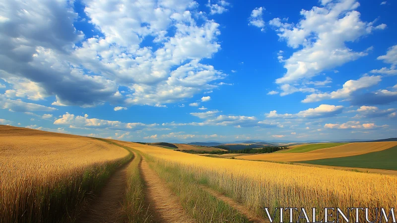 Golden wheat fields curve under deep blue summer sky.