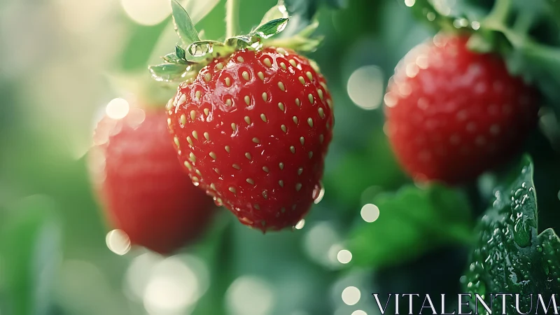 Macro view shows dew-covered ripe strawberries on plant