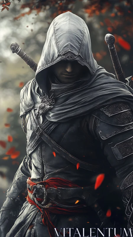 Hooded duskblade assassin amid drifting ember leaves.