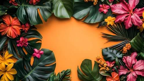 Tropical Floral Frame on Vibrant Orange Background.