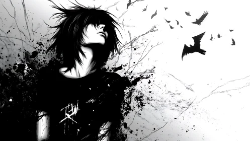 Emo figure in black ink burst with flying birds silhouette