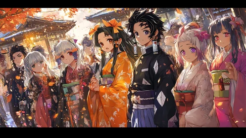 Autumn festival kimono group in vivid anime courtyard.