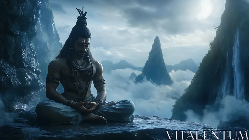 Meditating figure on rocky ledge above misty mountain valley.