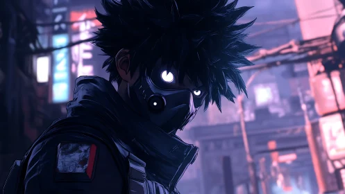 Masked figure stands in neon cityscape under diffuse lighting