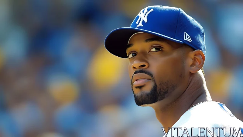 Steely-eyed ballplayer studies the field in crisp blue focus