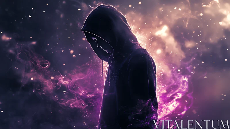 Hooded figure silhouette stands amid purple digital smoke
