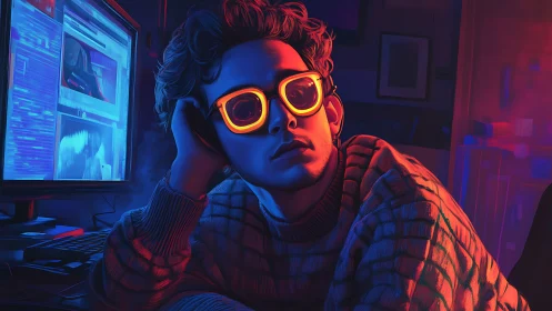 Young man in neon glasses at computer workstation.